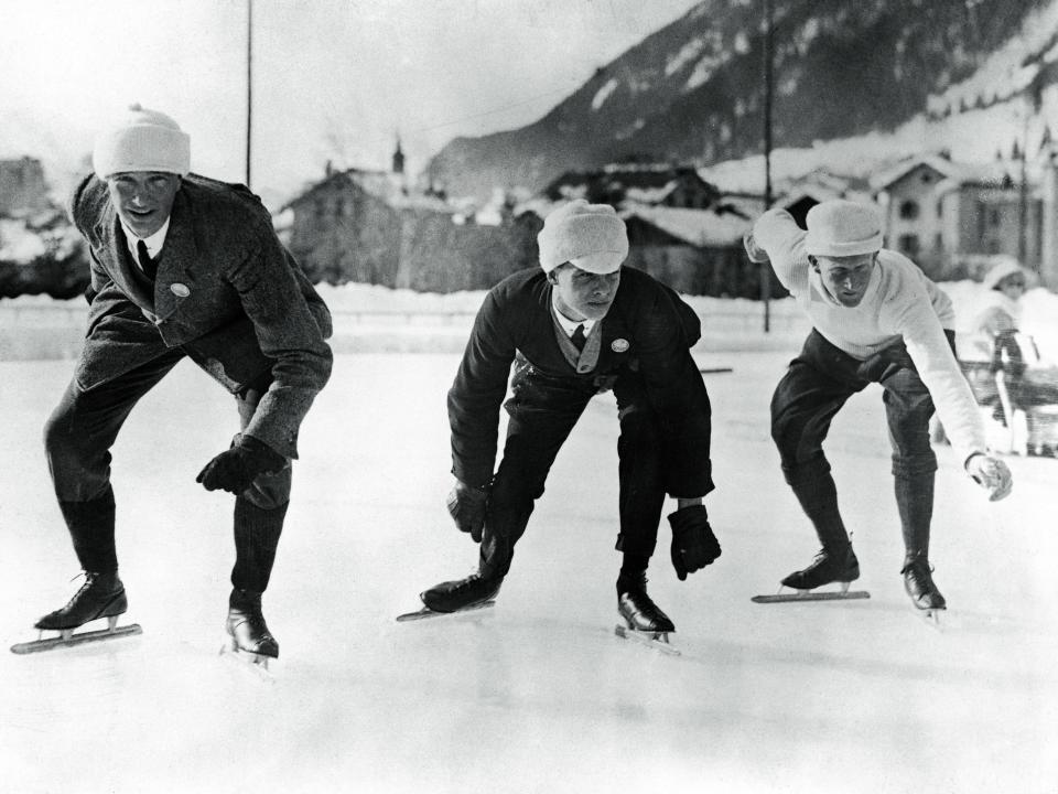 English speed skaters training in Chamonix for the Winter Olympic Games, 16th January 1924. From left to right, B. H. Sutton, L. H. Cambridgeshire and A. E. Tibbet.