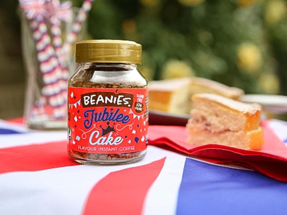 A jar of Beanies Flavour Co Jubilee Cake instant coffee pictured on a table