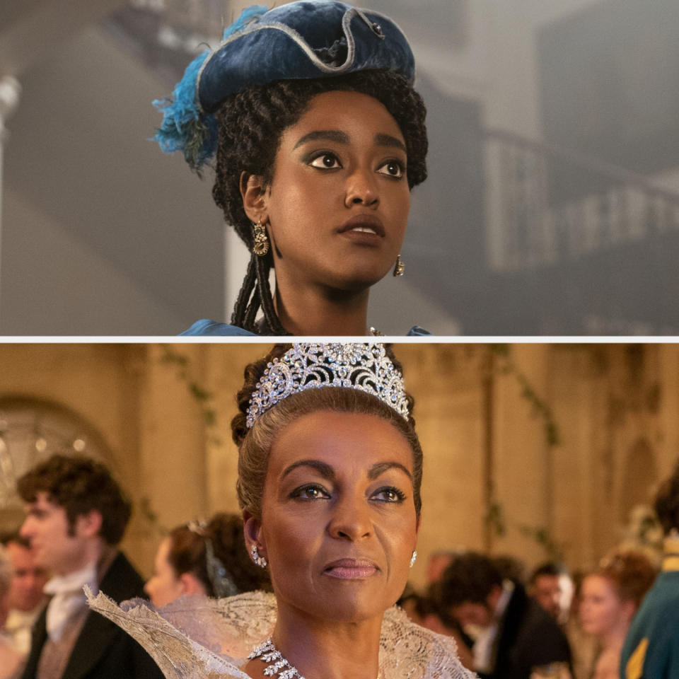 India Amarteifio as a young Queen Charlotte in regal attire and Golda Rosheuvel as an older Queen Charlotte wearing a tiara, from the TV series "Queen Charlotte."