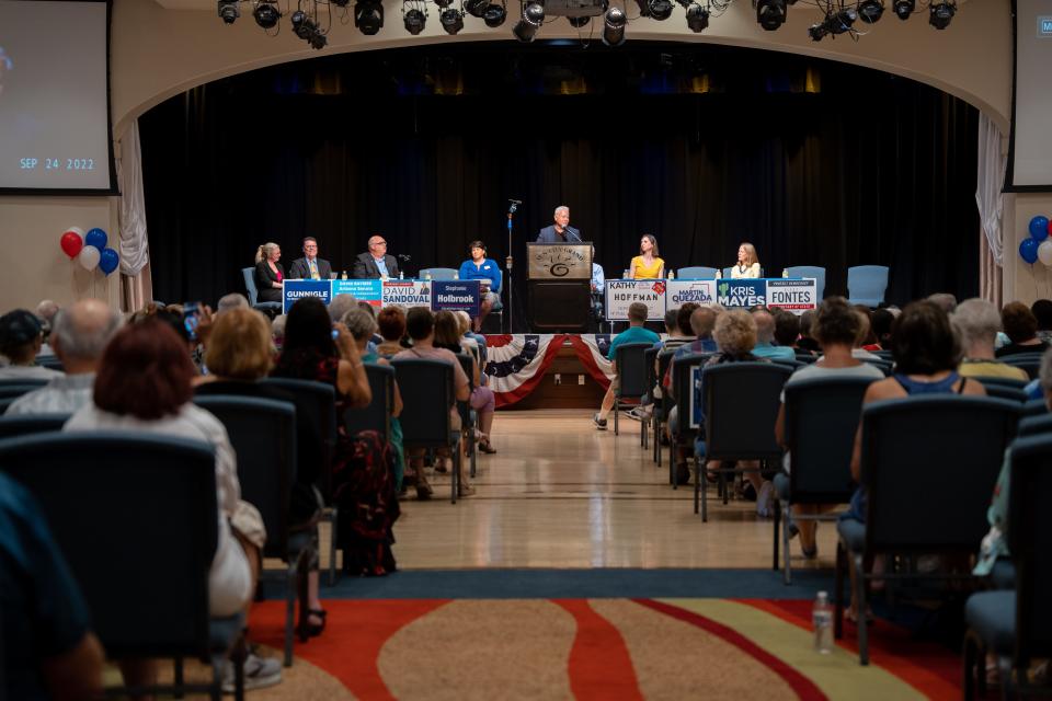 Democratic candidate for Arizona state Senate David Sandoval speaks to a crowd at the 2022 Democratic Candidates Rally, sponsored by the Sun City Grand Democrats, in Surprise, Ariz., Saturday, Sept. 24, 2022.