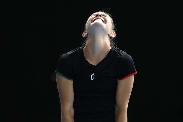 A delighted Marcela Zacarias celebrates beating Heather Watson