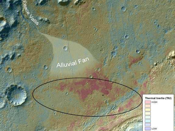 This false-color map shows the area within Gale Crater on Mars, where NASA's Curiosity rover landed on Aug. 5, 2012 PDT (Aug. 6, 2012 EDT). It merges topographic data with thermal inertia data that record the ability of the surface to hold onto