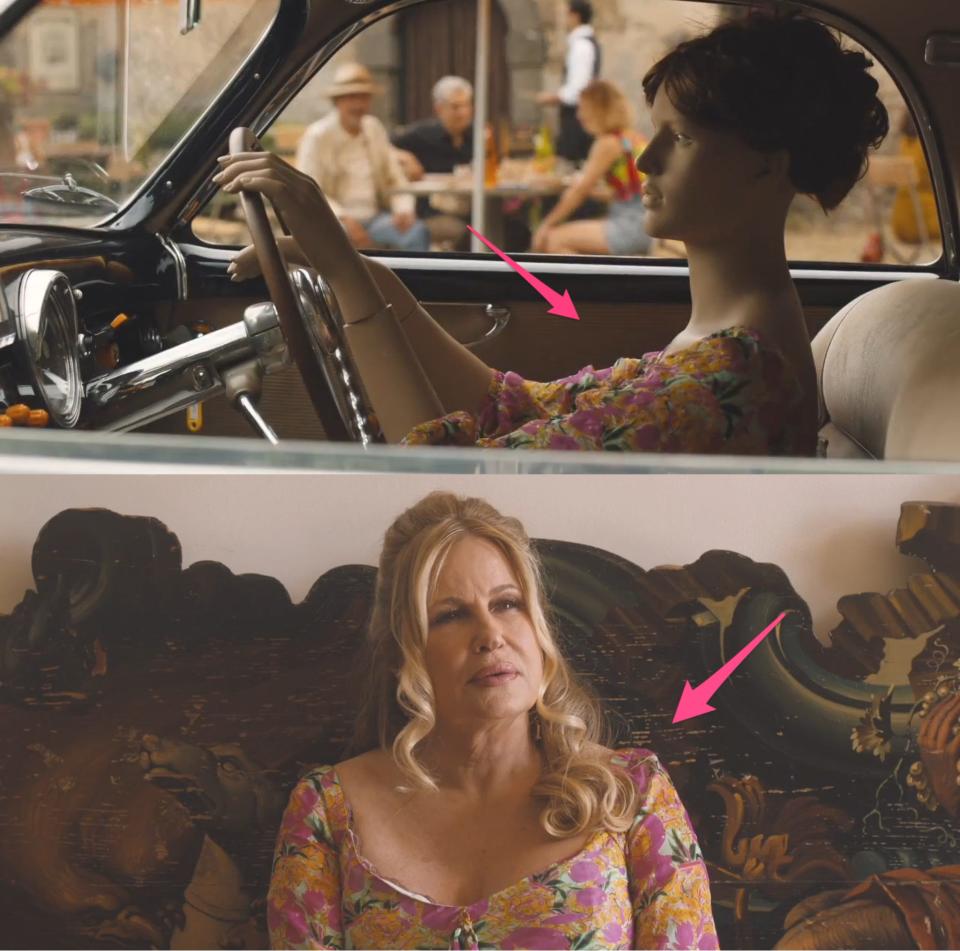 A mannequin at "The Godfather" tour (top) and Tanya (Jennifer Coolidge) in "The White Lotus" finale (bottom).