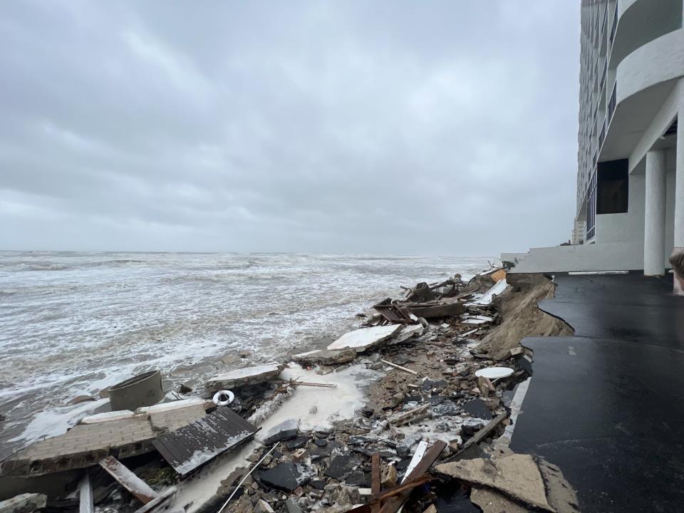 The path of destruction left behind by Tropical Storm Nicole in New Smyrna Beach.