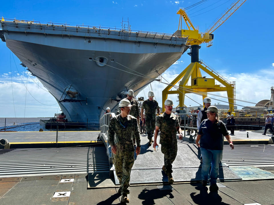 HII’s Ingalls Shipbuilding division hosted U.S. Marine Corps Lt. Gen. Karsten Heckl and officers on Monday, March 18, 2024, for a meeting with Ingalls leadership and a shipyard tour. During the visit, Heckl had the opportunity to see first-hand the work taking place aboard amphibious assault ship Bougainville (LHA 8), and amphibious transport dock Richard M. McCool Jr. (LPD 29).