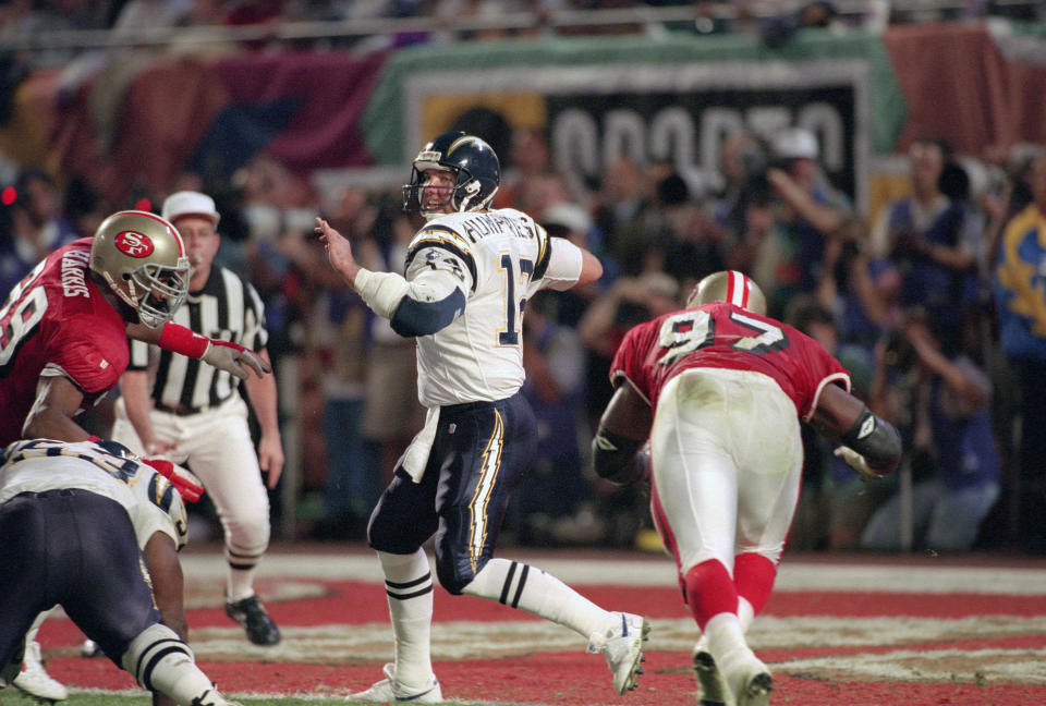 Stan Humphries drops back to pass against the San Francisco 49ers during Super Bowl XXIX on January 29, 1995 in Miami, Florida. The Niners won the Super Bowl 49-26. (Focus on Sport/Getty Images)