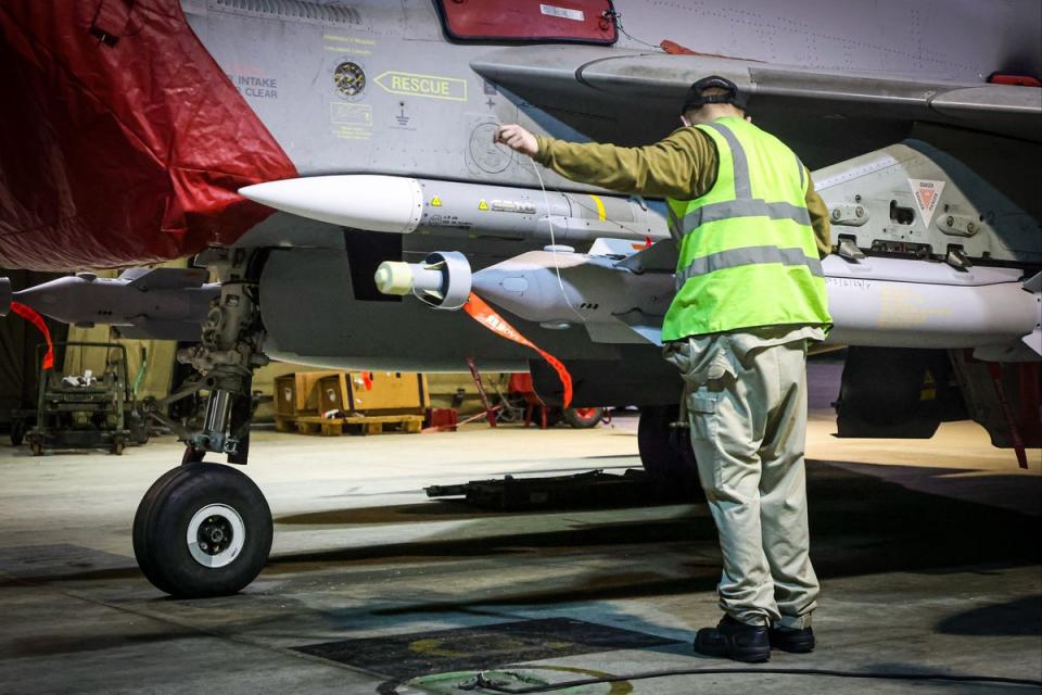 RAF armourers prepare Royal Air Force Typhoon FGR4 for strikes in the latest action against the Houthis (UK MOD Crown copyright)