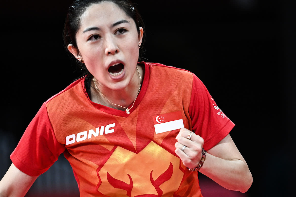 Singapore's Yu Mengyu celebrates a point against USA's Liu Juan during her women's singles round of 16 match at the 2020 Tokyo Olympics. (PHOTO: Anne-Christine Poujoulat/AFP)