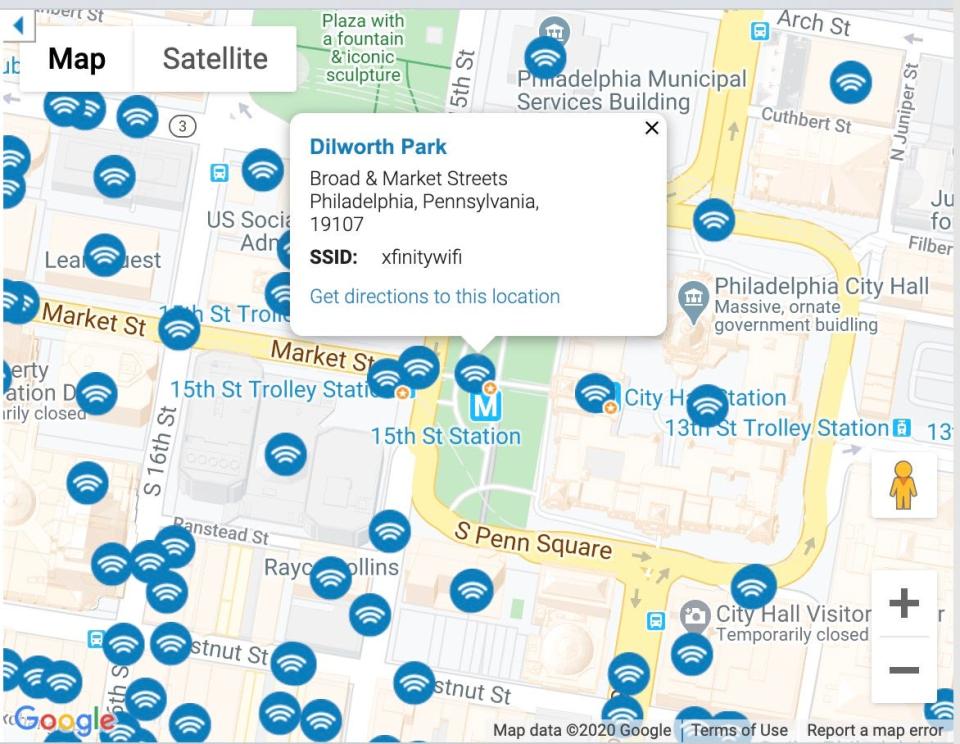 Coverage map for Xfinity free WiFi hot spots in Philadelphia