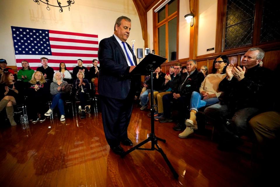 PHOTO: Republican presidential candidate Chris Christie announces he is dropping out of the race during a town hall campaign event on Jan. 10, 2024, in Windham, N.H.  (Robert F. Bukaty/AP)