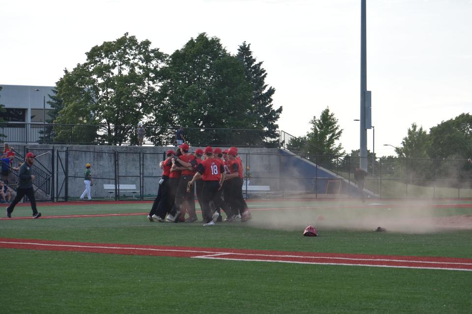 Morrisville-Eaton celebrates its win over Oriskany Tuesday evening.