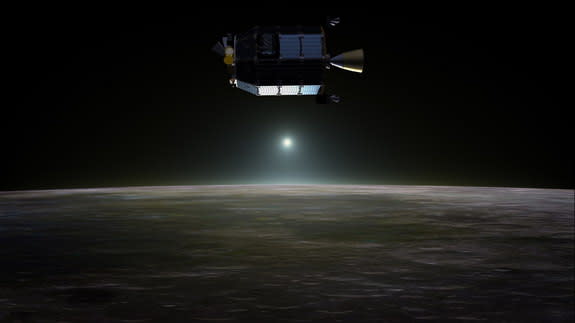 Artist’s concept of NASA's Lunar Atmosphere and Dust Environment Explorer (LADEE) spacecraft in orbit above the moon as dust scatters light during the lunar sunset.