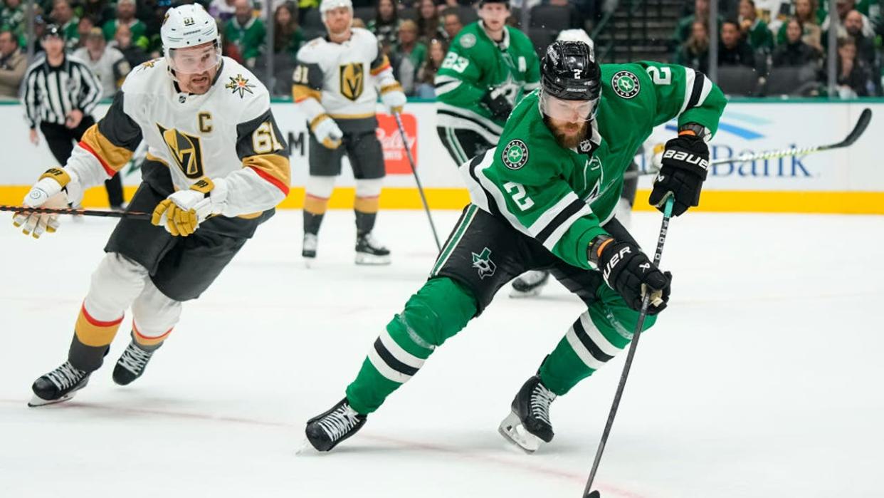 <div>DALLAS, TEXAS - DECEMBER 09: Jani Hakanpaa #2 of the Dallas Stars controls the puck during the second period against the Vegas Golden Knights at American Airlines Center on December 09, 2023 in Dallas, Texas. (Photo by Sam Hodde/Getty Images)</div>