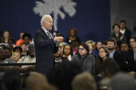 Former Vice President and Democratic presidential candidate Joe Biden speaks at a town hall held at Lander University on Thursday, Nov. 21, 2019, in Greenwood, S.C. (AP Photo/Meg Kinnard)