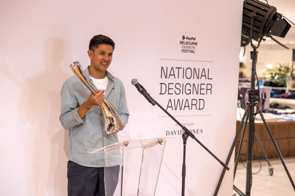 Best Jumpers founder Dylan Best accepting his National Designer Award at the <a href="https://wwd.com/business-news/technology/paypal-headless-commerce-1235469945/" rel="nofollow noopener" target="_blank" data-ylk="slk:PayPal;elm:context_link;itc:0;sec:content-canvas" class="link ">PayPal</a> Melbourne Fashion Festival.