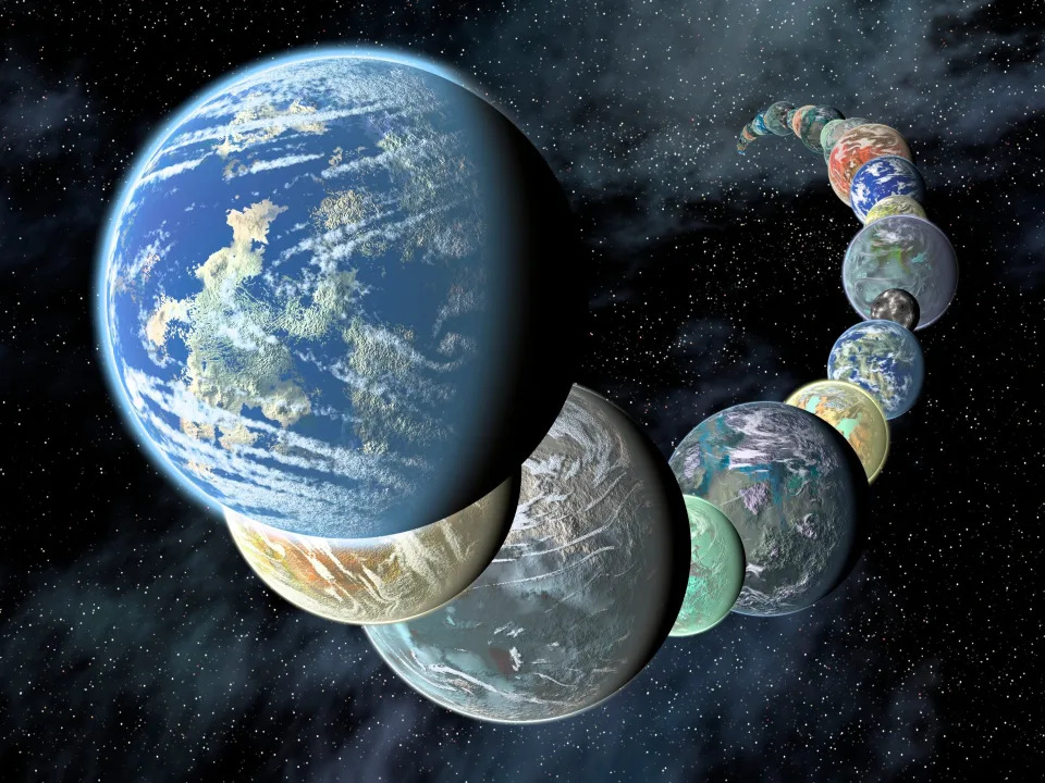 illustration of a lineup of earth-like planets stretching into space