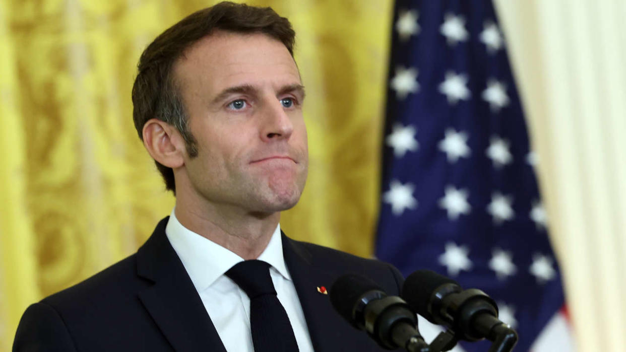 WASHINGTON, DC - DECEMBER 01: French President Emmanuel Macron speaks during a joint press conference with U.S. President Joe Biden at the White House during an official state visit on December 01, 2022 in Washington, DC. President Biden is welcoming Macron for the first official state visit of the Biden administration. (Photo by Kevin Dietsch/Getty Images)