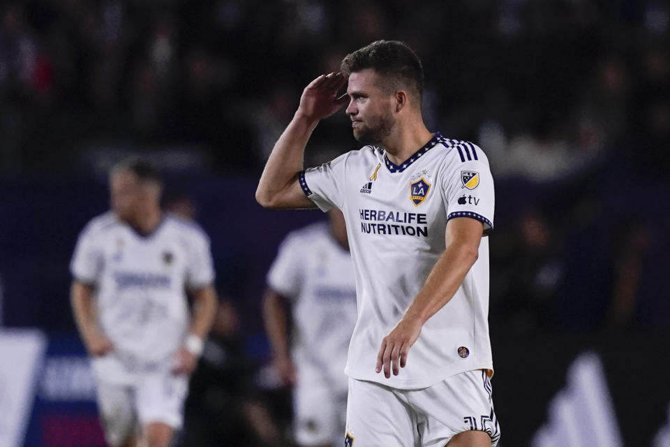 LA Galaxy defender Eriq Zavaleta celebrates after scoring his second goal against the Portland Timbers during the first half of an MLS soccer match Saturday, Sept. 30, 2023, in Carson, Calif. (AP Photo/Ryan Sun)
