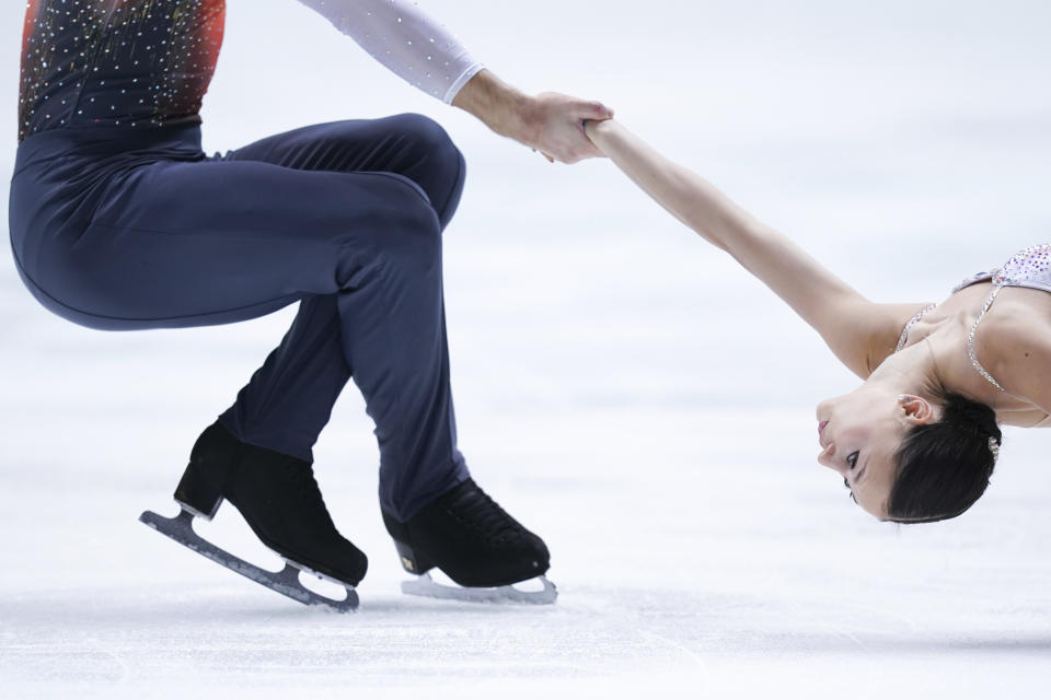 Lucrezia Beccari and Matteo Guarise of Italy perform in the woman's short program during the ISU Grand Prix of Figure Skating - NHK Trophy in Kadoma, near Osaka, Japan, Friday, Nov. 24, 2023. (AP Photo/Tomohiro Ohsumi)