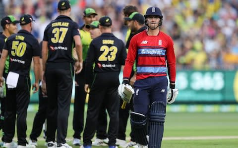 Jason Roy walks off after being run out - Credit: AFP