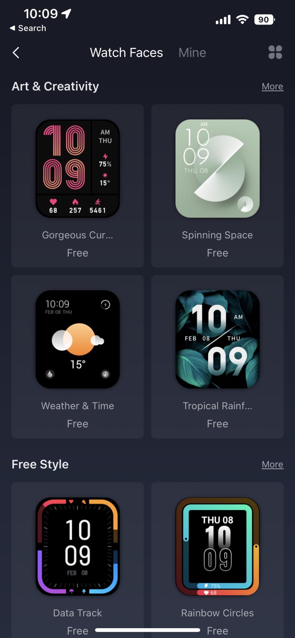 A screenshot of the Zepp app's watch face selector. 