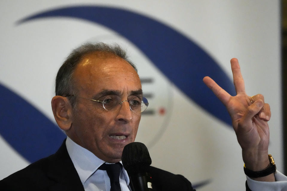 Far-right presidential candidate Eric Zemmour gives a press conference at the Foreign Press Association headquarters, in Paris, Monday, Jan. 17, 2022. Zemmour was convicted Monday of inciting racial hatred over 2020 comments he made about unaccompanied migrant children. A Paris court ordered Zemmour to pay a fine of 10,000 euros (more than $11,000) and several thousand euros in damages to anti-racism groups. (AP Photo/Francois Mori)