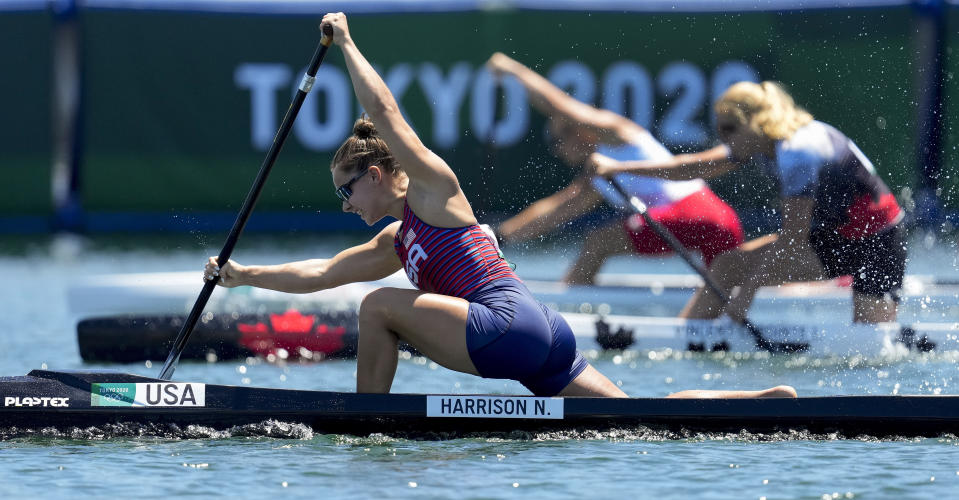 Nevin Harrison, of the United States, competes in the women's canoe single 200m final at the 2020 Summer Olympics, Thursday, Aug. 5, 2021, in Tokyo, Japan. (AP Photo/Kirsty Wigglesworth)