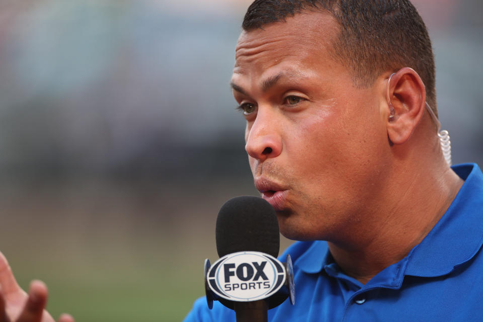 NEW YORK, NEW YORK - May 19: Former New York Yankees star Alex Rodriguez with the Fox Sports team as a Major League Baseball analyst during the Los Angeles Angeles Vs New York Mets regular season MLB game at Citi Field on May 19, 2017 in New York City. (Photo by Tim Clayton/Corbis via Getty Images)