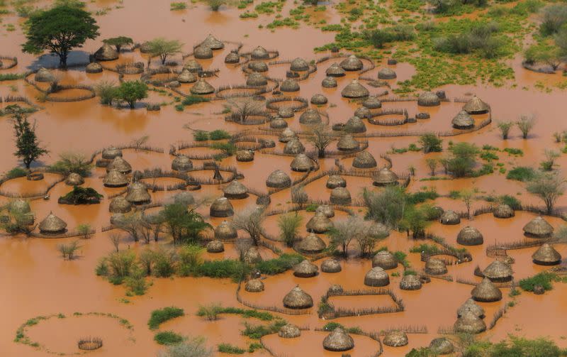 FILE PHOTO: An aerial view shows a deserted and flooded traditional homestead following heavy rains in Garsen