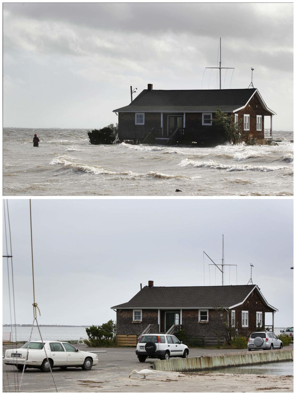 A combination photo shows a man walking away from a building that has been surrounded by the storm surge of Superstorm Sandy and a swan in front of the same house in Bellport New York