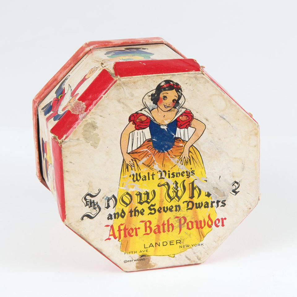 Merchandise for 1937’s groundbreaking Snow White and the Seven Dwarfs minted millions, including bath powder (pictured above) as well as a balloon pump.