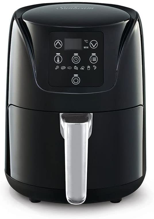 a black with silver trim Sunbeam Copper Infused DuraCeramic Air Fryer, $129 