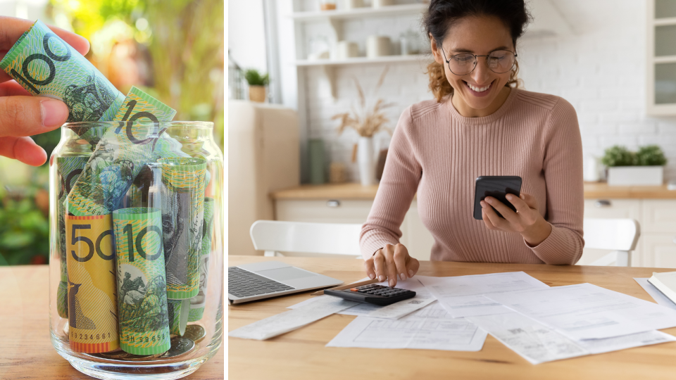 Composite image of money savings being put in a jar, and a woman smiling while looking at bills and using a calculator.