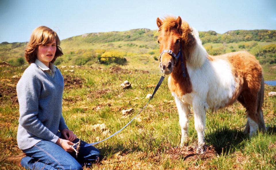 Lady Diana Spencer with Souffle, a Shetland pony, at her mother’s home in Scotland during the summer of 1974.