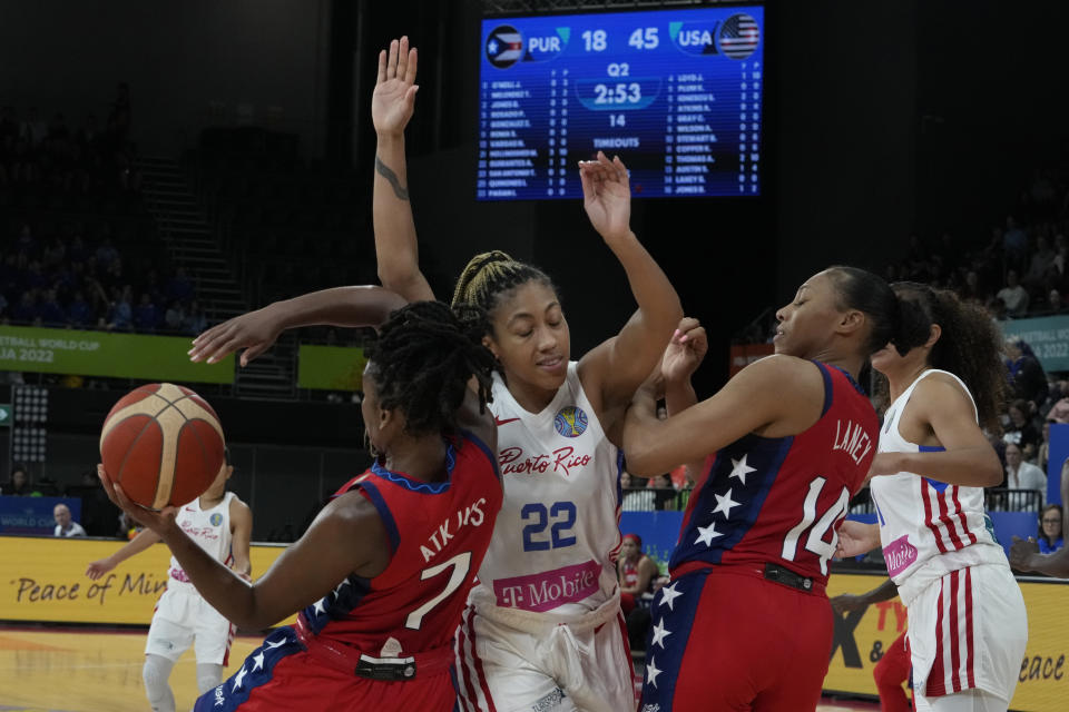 United States' Ariel Atkins keeps the ball away from Puerto Rico's Arella Guirantes at the women's Basketball World Cup in Sydney, Australia, Friday, Sept. 23, 2022. (AP Photo/Mark Baker)