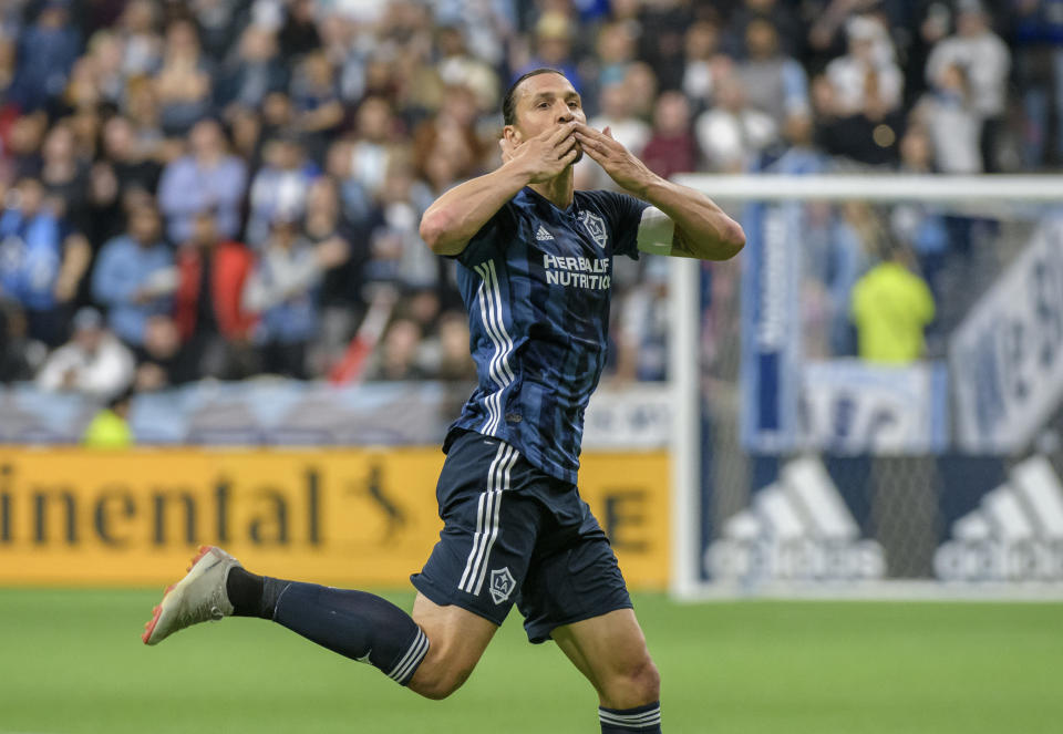 VANCOUVER, BC - APRIL 05: Zlatan Ibrahimovic (9) of the Los Angeles Galaxy celebrates his goal against the the Vancouver Whitecaps at BC Place on April 5, 2019 in Vancouver, Canada. (Photo by Christopher Morris - Corbis/Getty Images)