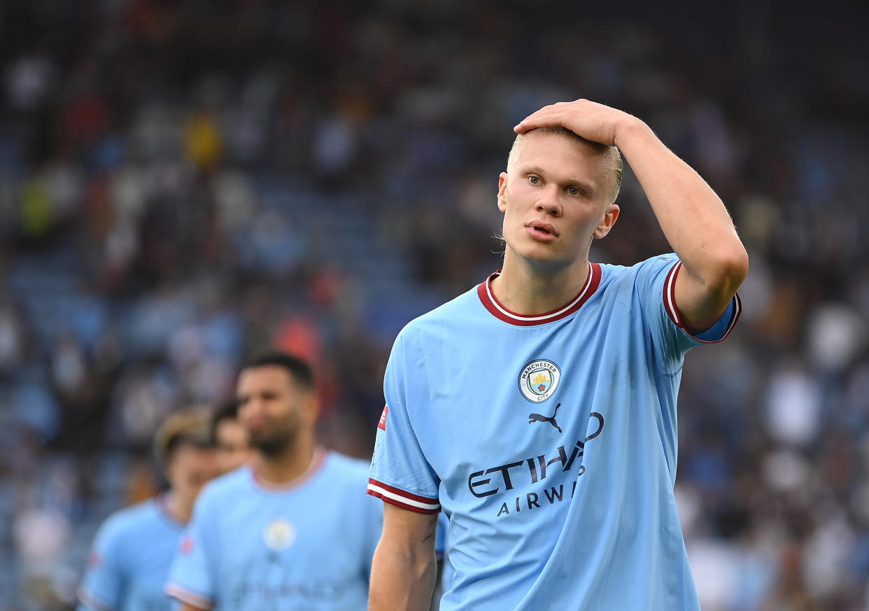 Manchester City forward Erling Haaland looking dejected after the final whistle of the Community Shield match against Liverpool. 