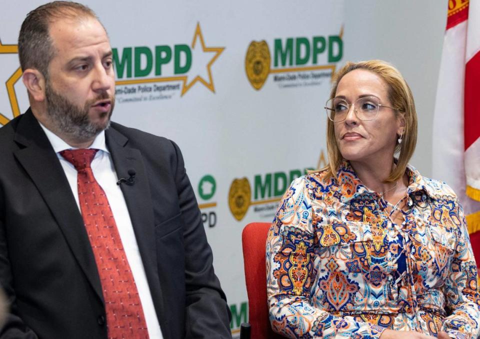 Detective Jonathan Grossman, left, from Miami-Dade Police Department, and Gloria Hampton hold a press conference in the hopes of finding Hampton’s father, who allegedly killed her mother in front of her in 1985 and potentially her sister, on Tuesday, April 30, 2024, at Miami-Dade Police Department Headquarters in Doral. Hampton’s mother, Nilsa Padilla was murdered and dismembered in 1985.