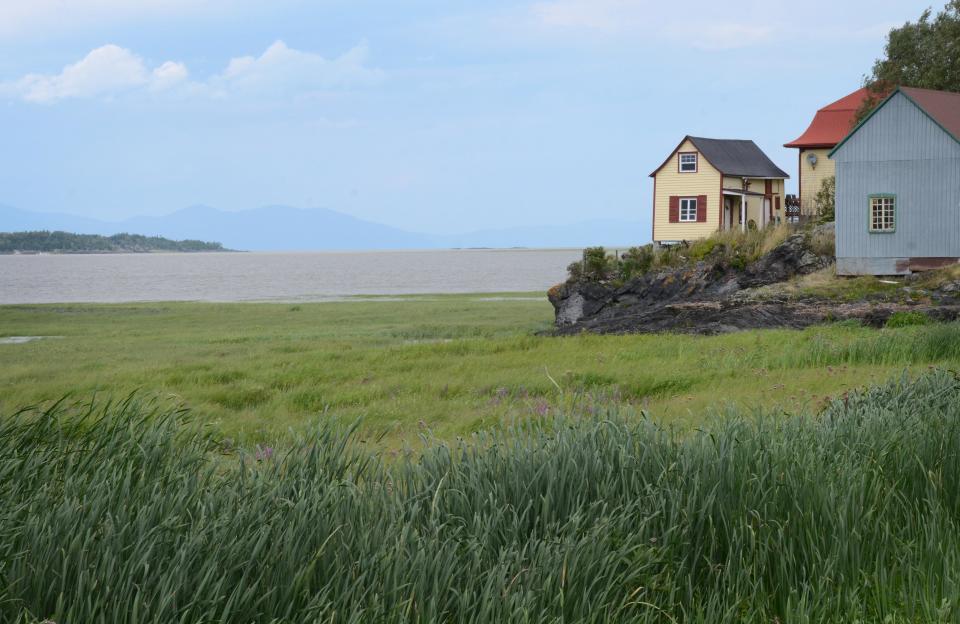 In this photo taken Aug. 15, 2013, windswept homes are seen by the river on Ile-aux-Grues in the St. Lawrence River. The island offers quiet roads and stunning river vistas for cyclists and lovers of solitude. (AP Photo/Calvin Woodward)