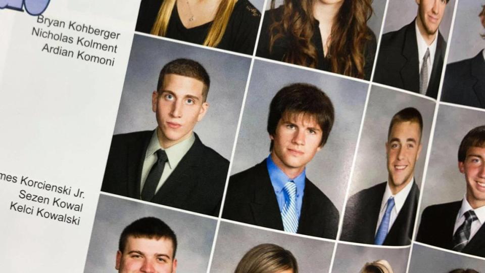 Bryan Kohberger, left, in his senior photo from the 2012-2013 yearbook for Pleasant Valley High School, in Brodheadsville, Pennsylvania. The Pleasant Valley School District has yet to comment publicly since its former student and part-time security officer’s arrest in December on suspicion of killing four University of Idaho students.