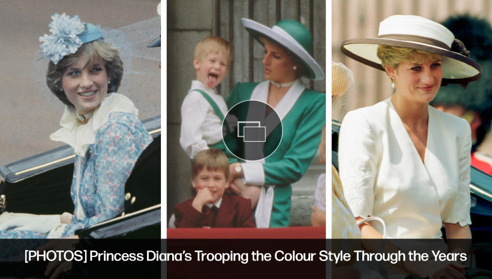 princess diana style through the years, jan van velden, catherine walker, dresses, trooping of the colour