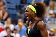 Serena Williams of the United States celebrates a point during the women's singles final match against Victoria Azarenka of Belarus on Day Fourteen of the 2012 US Open at USTA Billie Jean King National Tennis Center on September 9, 2012 in the Flushing neighborhood of the Queens borough of New York City. (Photo by Al Bello/Getty Images)