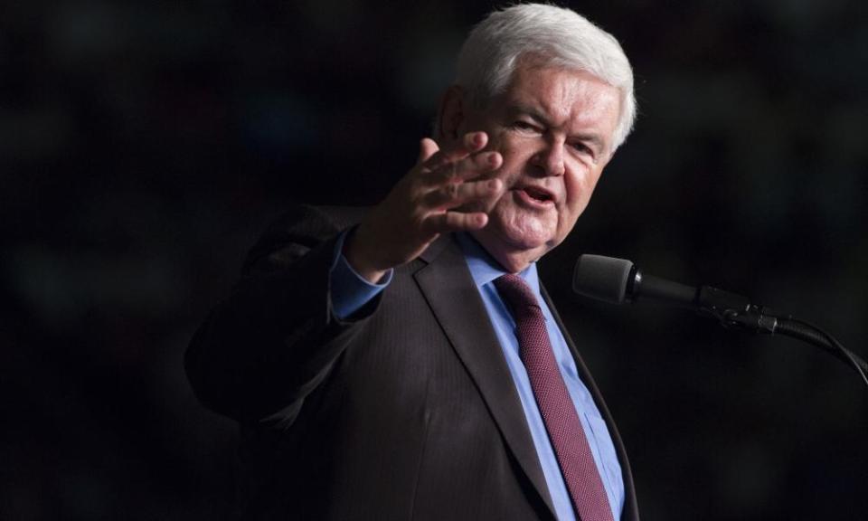 Newt Gingrich introduces Donald Trump during a campaign rally in Florida last year.