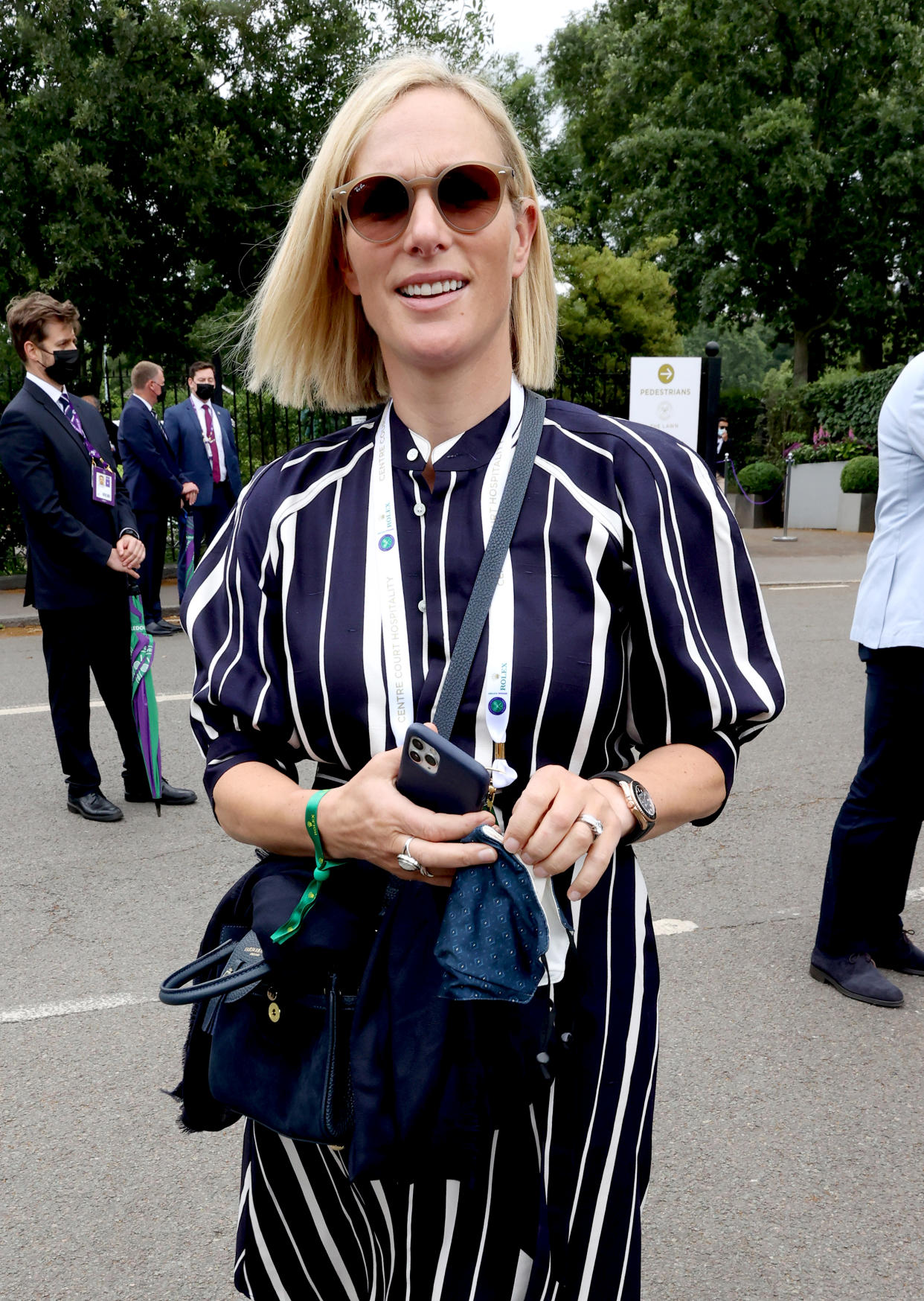 LONDON, ENGLAND - JULY 07: Zara Tindall attends Wimbledon Championships Tennis Tournament at All England Lawn Tennis and Croquet Club on July 07, 2021 in London, England. (Photo by Karwai Tang/WireImage)