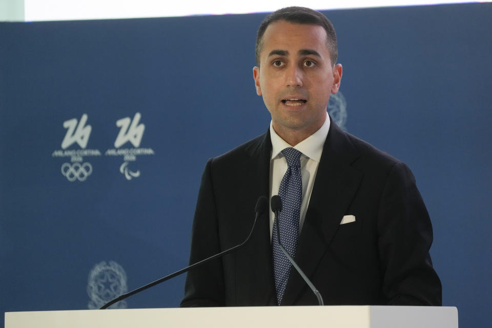 FILE - Italian Foreign Minister Luigi Di Maio delivers his speech during a ceremony to present the next Winter Olympics Milano Cortina 2026 to the Italian institutions at the Foreign Minister headquarters in Rome, Wednesday, June 8, 2022. Italy’s political landscape shifted Wednesday, June 22, 2022 after Di Maio formalized his departure from the 5-Star Movement, splitting with the movement he helped found over its Ukraine policy. (AP Photo/Gregorio Borgia, File)