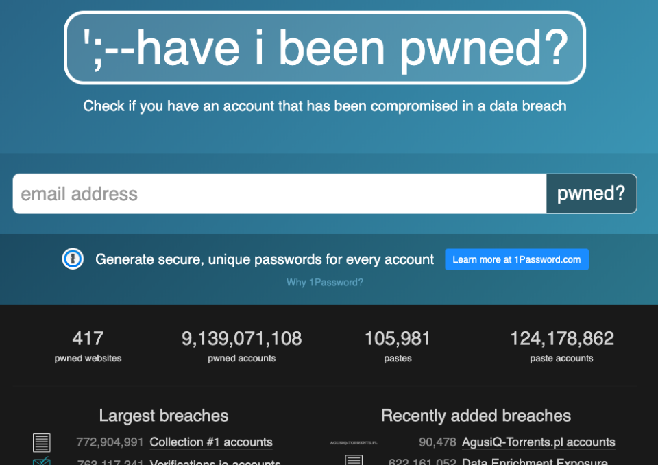 A screenshot of the 'Have I Been Pwned?' website.