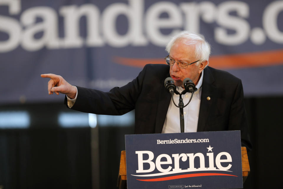 2020 Democratic presidential candidate Sen. Bernie Sanders speaks during a rally, Saturday, March 9, 2019, at the Iowa state fairgrounds in Des Moines, Iowa. (AP Photo/Matthew Putney)