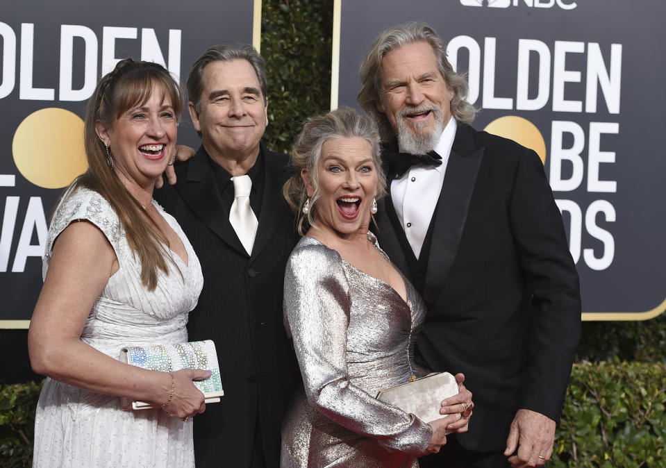 Wendy Treece, from left, Beau Bridges, Jeff Bridges and Susan Geston arrive at the 76th annual Golden Globe Awards at the Beverly Hilton Hotel on Sunday, Jan. 6, 2019, in Beverly Hills, Calif. (Photo by Jordan Strauss/Invision/AP)