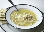 <b>8. Chicken noodle soup:</b> This flu-fighting formula can seriously hydrate you when you need it. Each cup has about 840 milligrams of sodium to help you retain the broth and 14 grams of carbohydrates to help you absorb it.