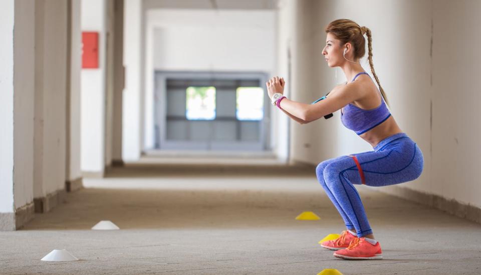 <p>This move targets not only the inner thighs but also fires up the glutes. Try incorporating <a href="https://www.goodhousekeeping.com/health-products/g32334989/best-resistance-bands/" rel="nofollow noopener" target="_blank" data-ylk="slk:resistance bands;elm:context_link;itc:0;sec:content-canvas" class="link ">resistance bands</a> that require an immense amount of control and focus to help enhance both the eccentric and concentric portions of the movement. </p><p><strong>How to: </strong></p><ol><li>Optional: Place a resistance band around your ankles or around your lower thighs right above your knees. </li><li>Stand with your feet hip-width apart. </li><li>Keeping your spine tall and chest upright, push the booty back and lower down into a squat.</li><li>Stay in your squat and carefully walk 10 steps to the right, keeping tension with the band. Reset, and then walk 10 steps to the left while staying in the squat position. </li></ol><p><strong>Muscles worked:</strong> Inner thighs, outer thighs, glutes, quads, hamstrings</p>